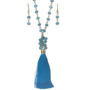 🔴 CLEARANCE Aqua Blue Bead Tassel Long Necklace Earrings Set